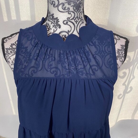 Monteau Navy Blue Scalloped High Neck Ruffle Blouse Sz M NWT - Picture 3 of 9